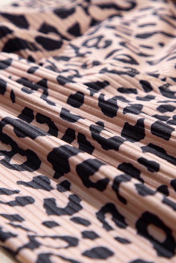 Khaki Leopard Print Ribbed Textured Knit Biker Shorts - Image 7