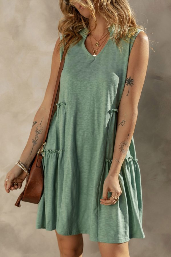 Black Split V Neck Tiered Flowy Sleeveless Dress - Image 13