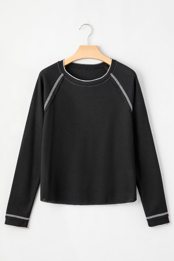 Black Textured Round Neck Long Sleeve Top - Image 4