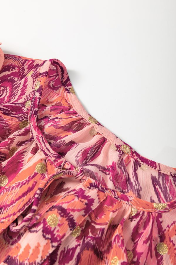 Red Floral Print Ruffled Puff Short Sleeve Blouse - Image 9