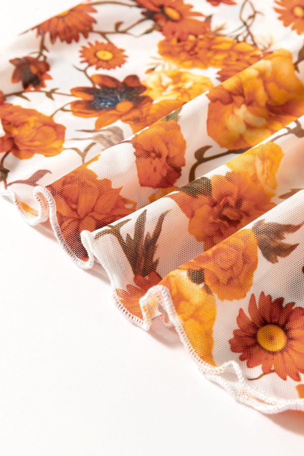 Orange Floral Printed Bell Sleeve Mock Neck Scallop Trim Blouse - Image 10