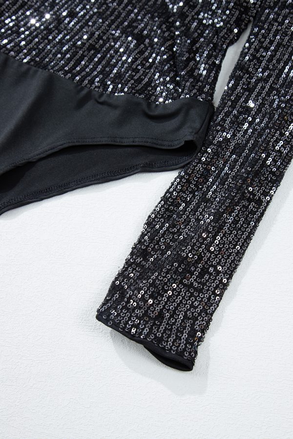 Black Sequin V Neck Zipped Long Sleeve Bodysuit - Image 9