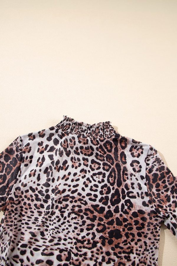 Brown Leopard Smocked Neck Mesh Long Sleeve Bodysuit - Image 12