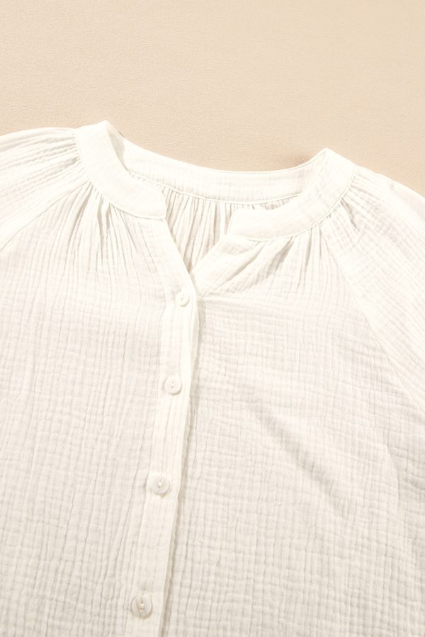 White Embroidered Textured Buttoned Crew Neck Shirt - Image 7
