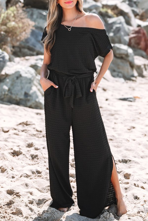 Black Checkered Mesh One Shoulder Short Sleeve Knotted Waist Jumpsuit - Image 4