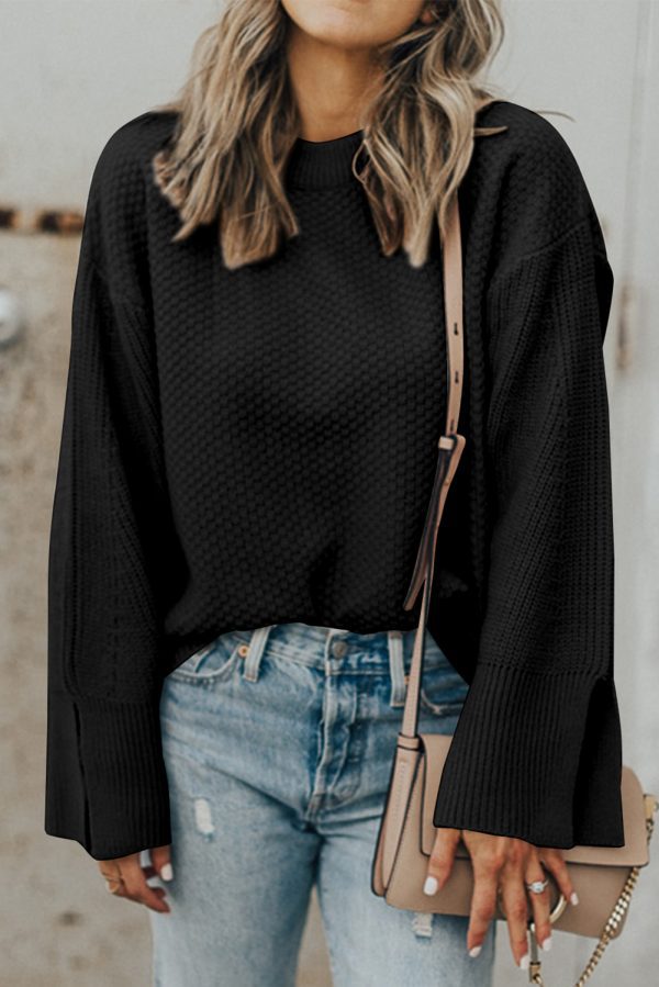 Parchment Solid Textured Knit Split Cuff Drop Shoulder Loose Sweater - Image 9