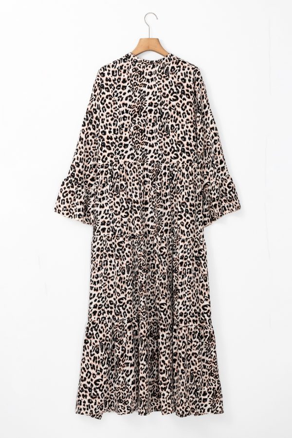 Apricot Leopard Print Tiered Wide Sleeve Maxi Dress - Image 6