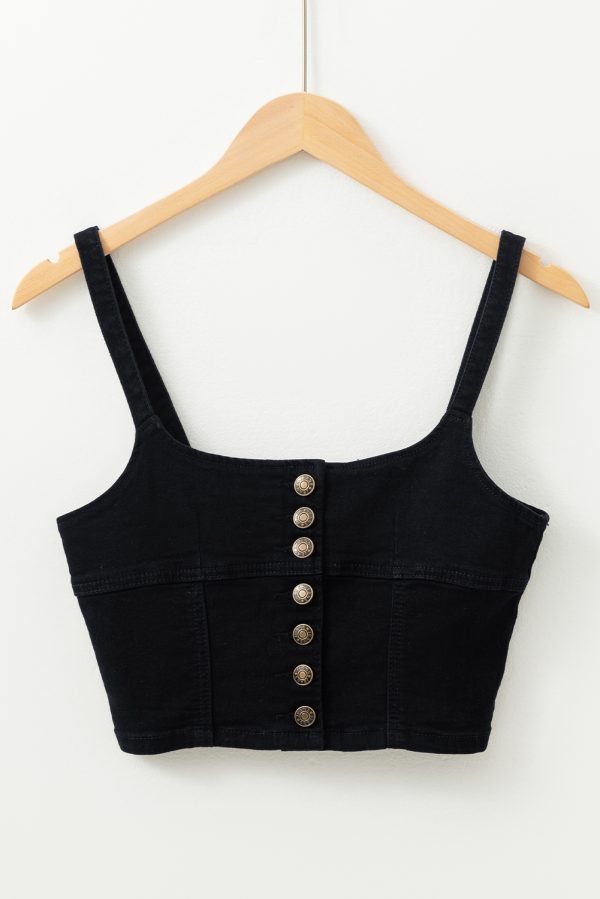 Black Acid Wash Buttoned Cropped Slim Denim Tank Top - Image 4