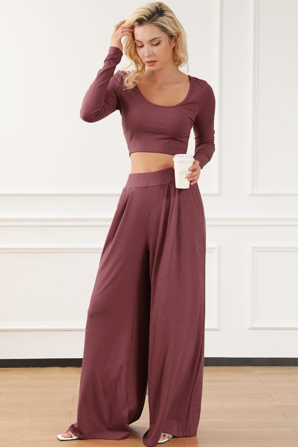 Black Solid Color Ribbed Crop Top Long Pants Set - Image 14