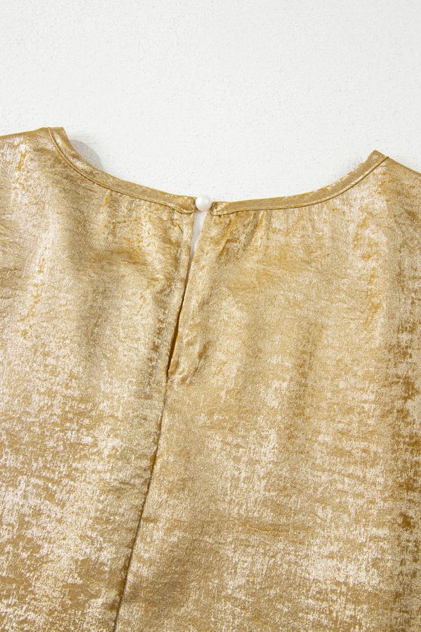Gold Glossy Round Neck Pleated Detail Short Sleeve Blouse - Image 8