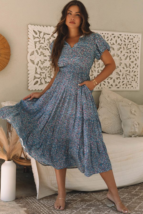 Blue Printed V Neck Shirred Short Puff Sleeve Maxi Dress - Image 3