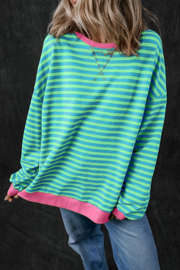 Green Stripe Oversized Contrast Trim Pullover Sweatshirt - Image 15