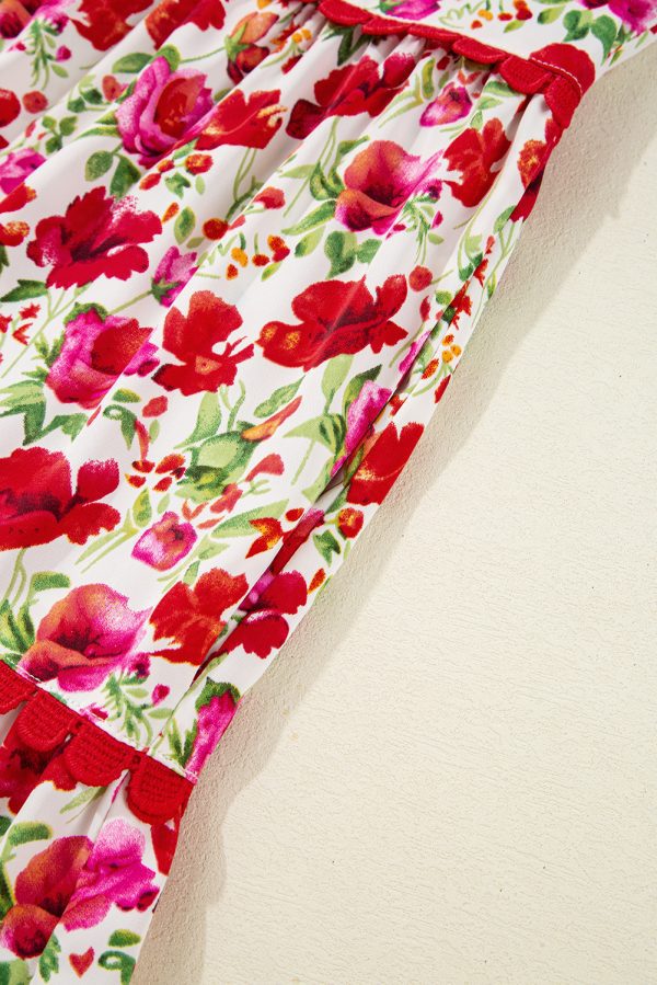 Red Floral Puff Sleeve Tiered Ric Rac Pocketed Mini Dress - Image 7