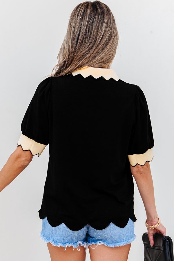 Black Color Contrast Collared V Neck Puff Sleeve Blouse - Image 10