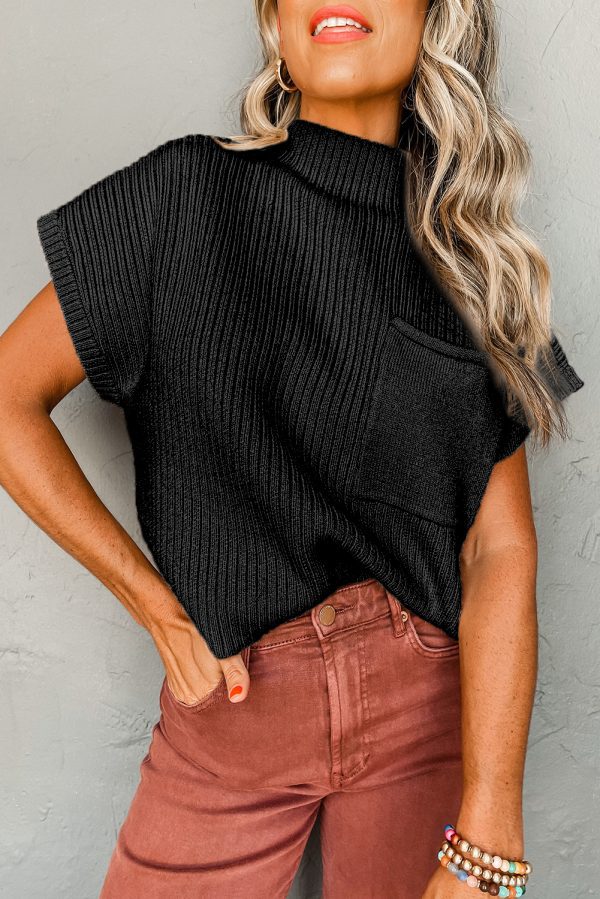 Pink Patch Pocket Ribbed Knit Short Sleeve Sweater - Image 17