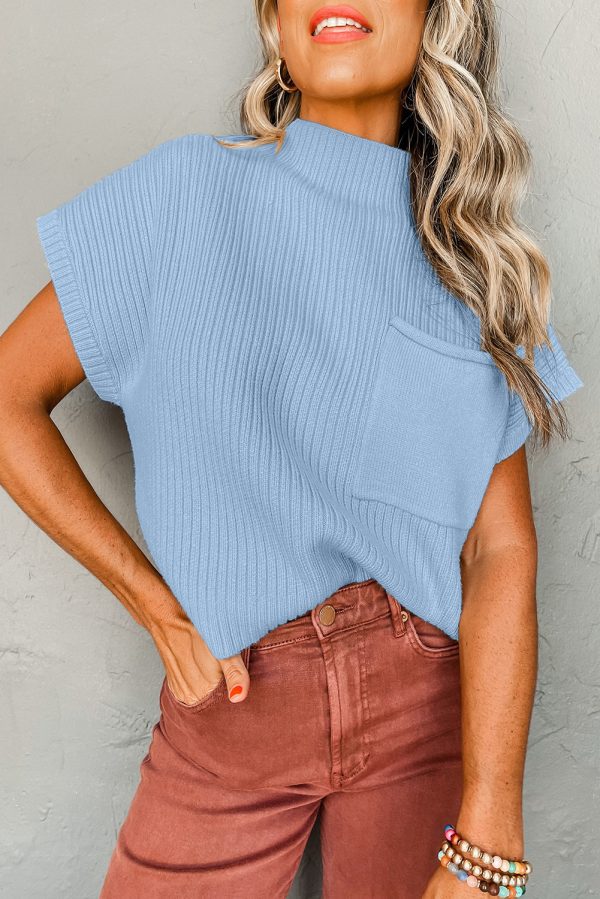 Pink Patch Pocket Ribbed Knit Short Sleeve Sweater - Image 32