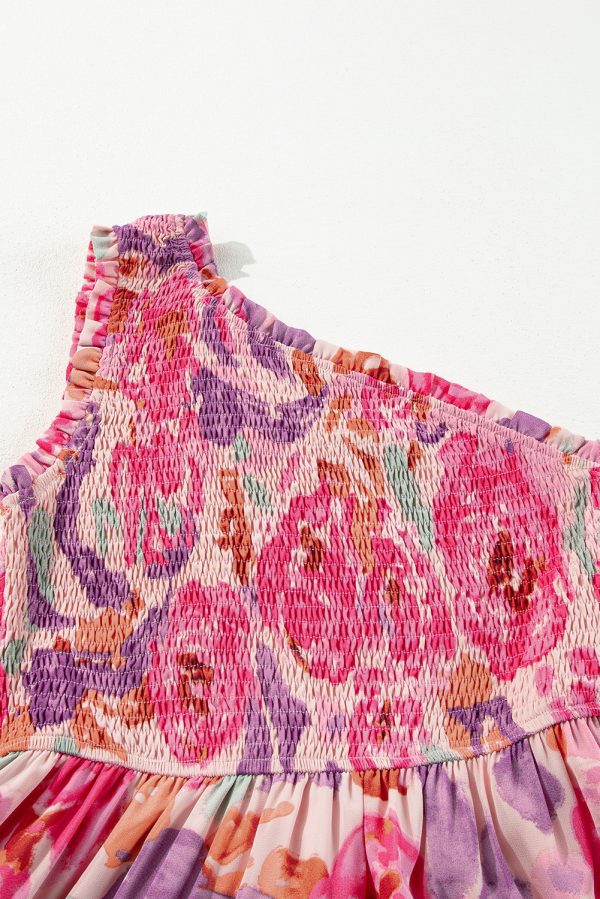 Pink Abstract Floral Print Shirred One Shoulder Maxi Dress - Image 7