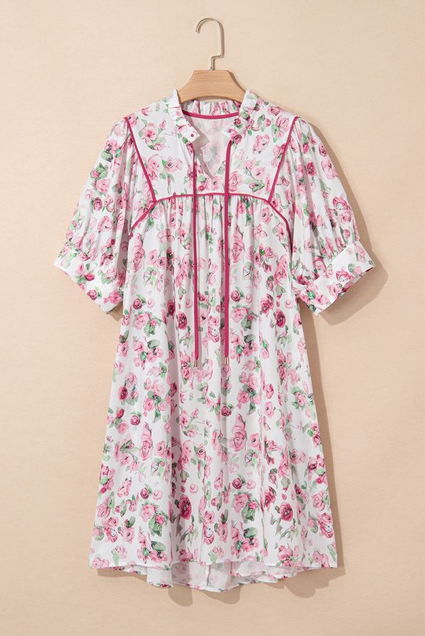 Pink Floral Split Neck Short Sleeve Loose Plus Size Mini Dress - Image 3