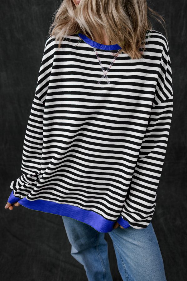 Green Stripe Oversized Contrast Trim Pullover Sweatshirt - Image 9
