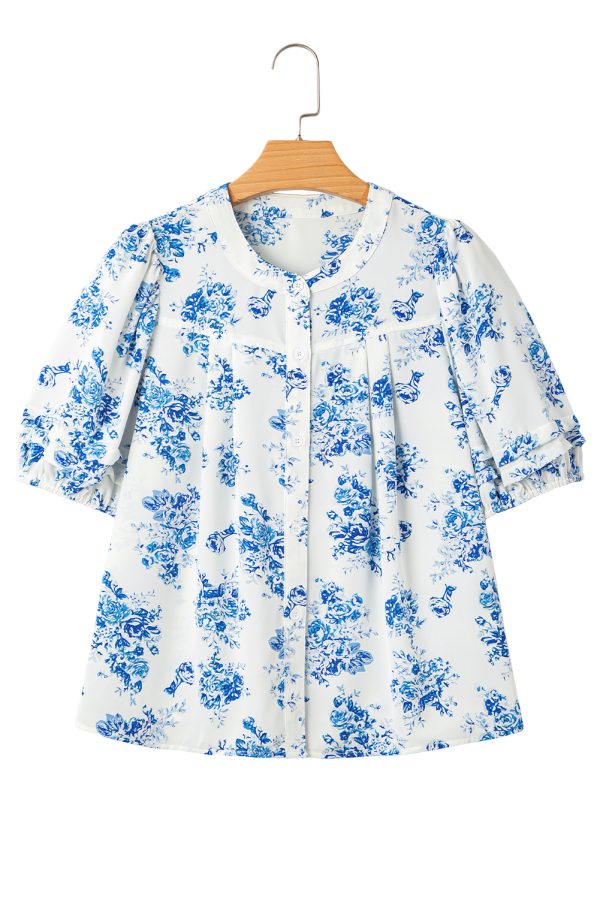 Sky Blue Floral Tiered Puff Short Sleeve Pleated Bust Buttoned Casual Shirt - Image 19
