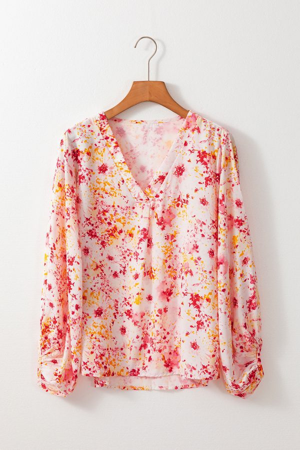Pink Ditsy Floral Bubble Sleeve V Neck Blouse - Image 4