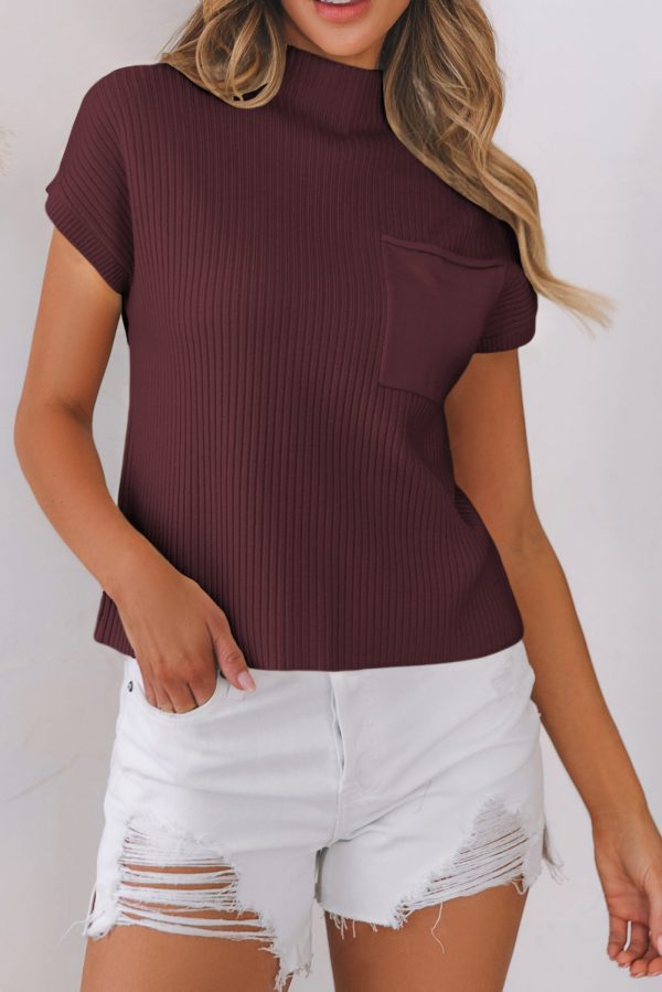 Pink Patch Pocket Ribbed Knit Short Sleeve Sweater - Image 22