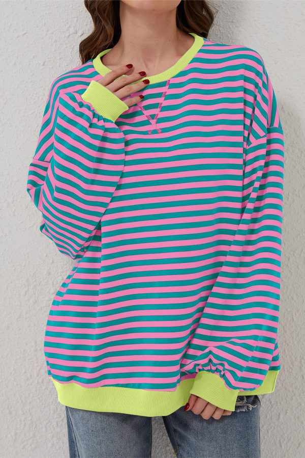 Green Stripe Oversized Contrast Trim Pullover Sweatshirt - Image 5