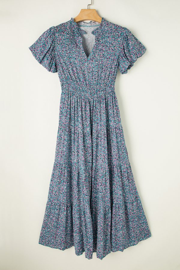 Blue Printed V Neck Shirred Short Puff Sleeve Maxi Dress - Image 5