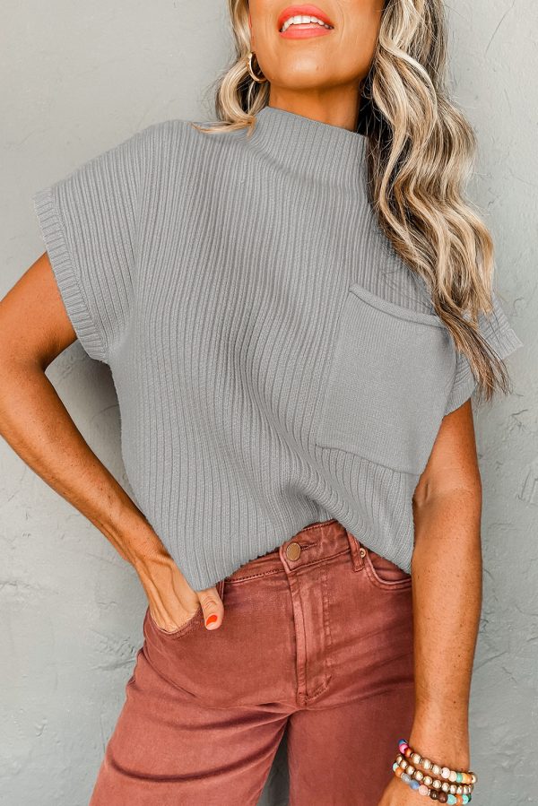 Pink Patch Pocket Ribbed Knit Short Sleeve Sweater - Image 12