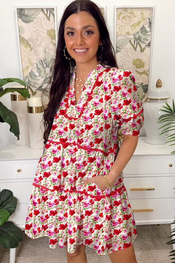 Red Floral Puff Sleeve Tiered Ric Rac Pocketed Mini Dress - Image 3