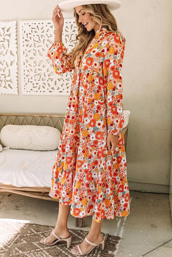 Multicolor Boho Floral Collared Long Sleeve Ruffled Dress - Image 3