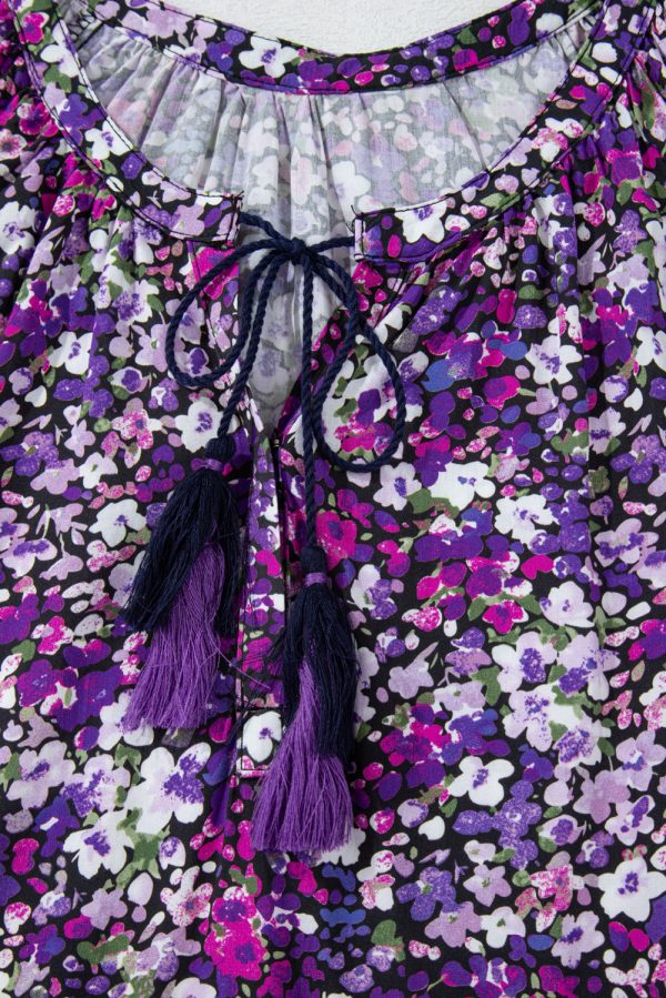 Purple Boho Flower Split V Neck Bubble Sleeve Blouse - Image 6