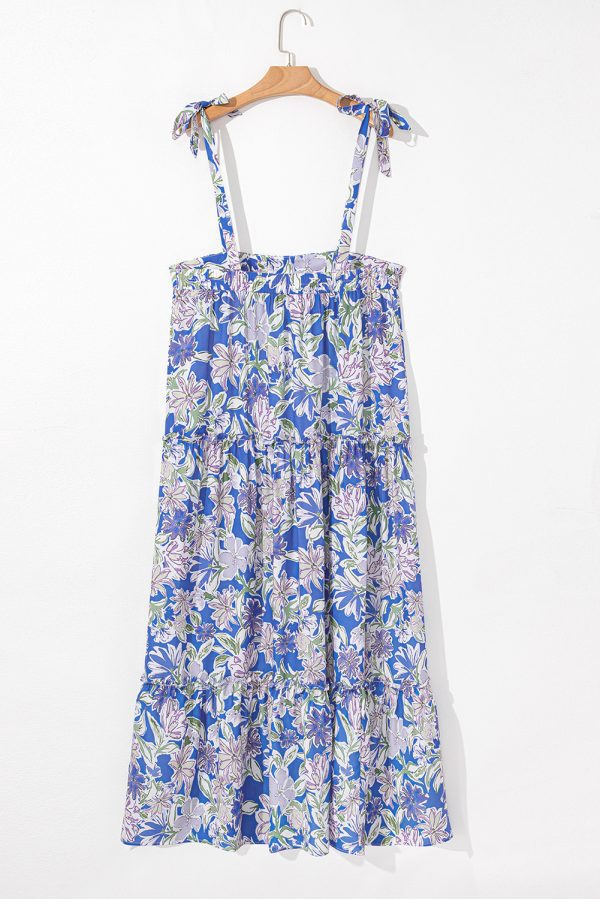 Sky Blue Floral Print Self-tie Straps Flowy Ruffle Long Dress - Image 6