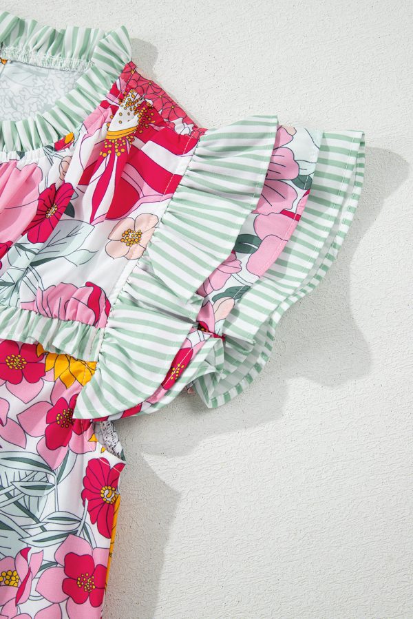 Pink Floral Print Contrast Ruffle Trim Short Sleeve Blouse - Image 7