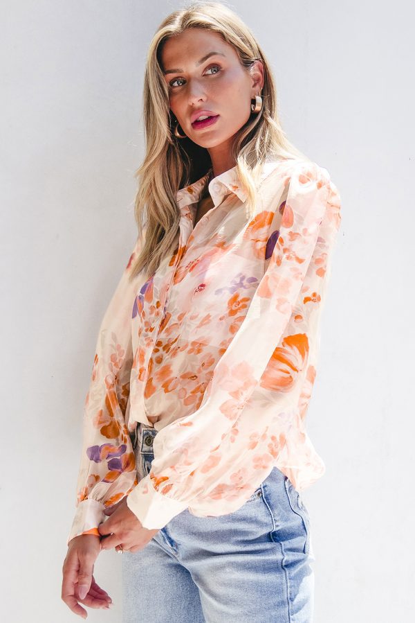 White Floral Print Collared Balloon Sleeve Loose Shirt - Image 3