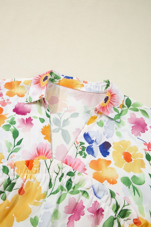 Pink Floral Boxy Fit Ruffled Short Sleeve V Neck Blouse - Image 17