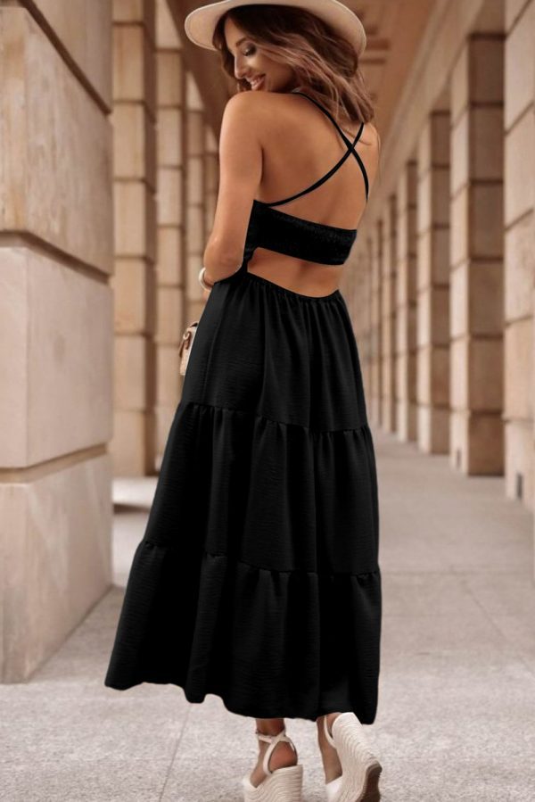 Oatmeal Crossover Backless Bodice Tiered Maxi Dress - Image 5