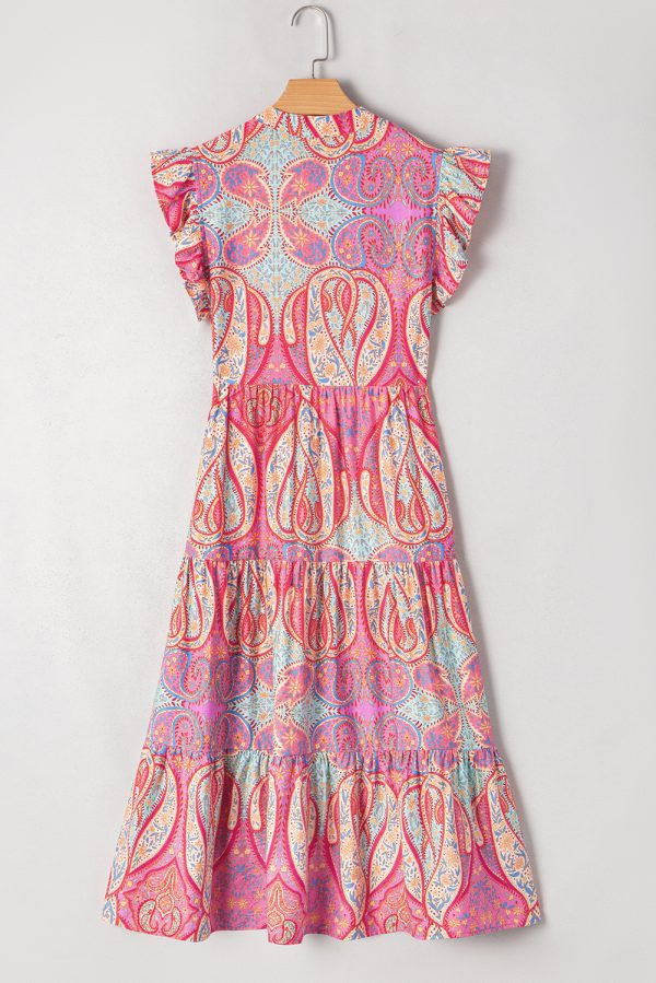 Rose Tribal Paisley Print Ruffled Sleeve Notch Neck Midi Dress - Image 7