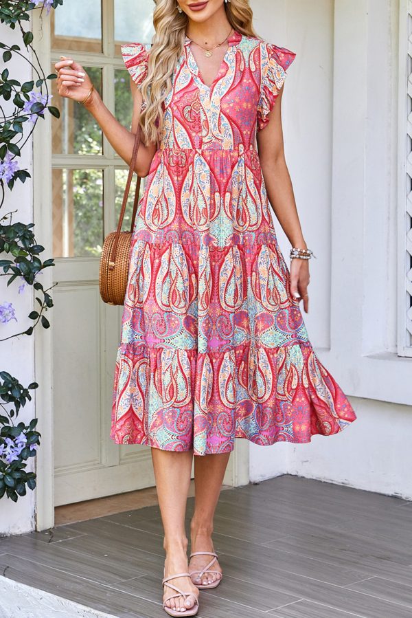 Rose Tribal Paisley Print Ruffled Sleeve Notch Neck Midi Dress - Image 5