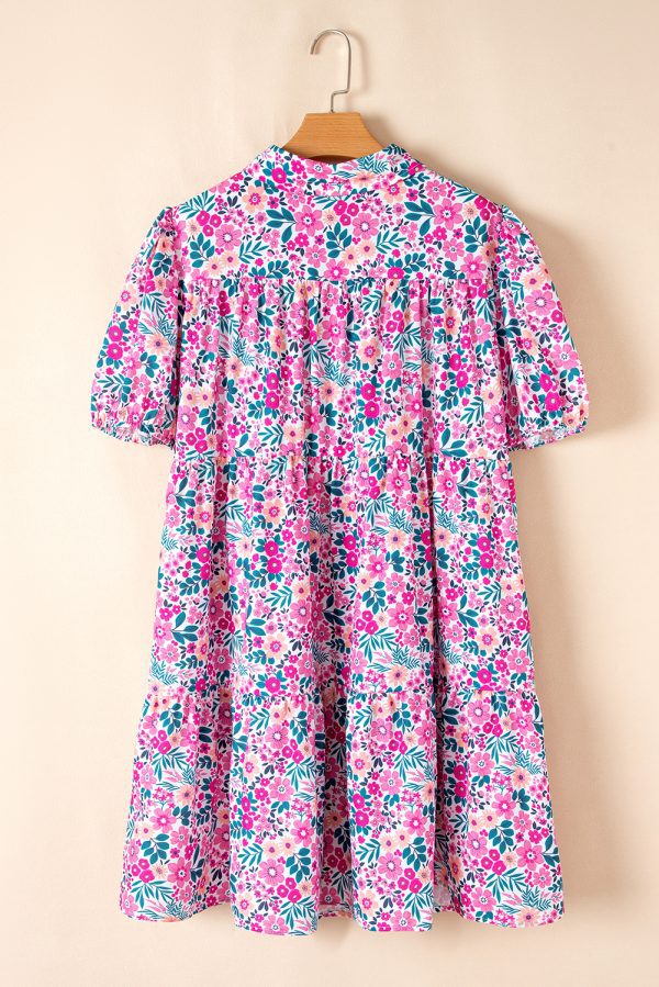 Pink Plus Size Floral Half Button Short Puff Sleeve A-line Dress - Image 5