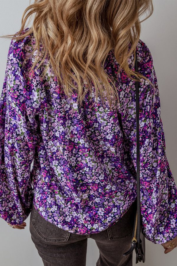 Purple Boho Flower Split V Neck Bubble Sleeve Blouse - Image 2