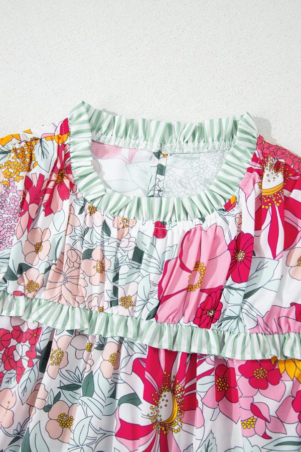 Pink Floral Print Contrast Ruffle Trim Short Sleeve Blouse - Image 6