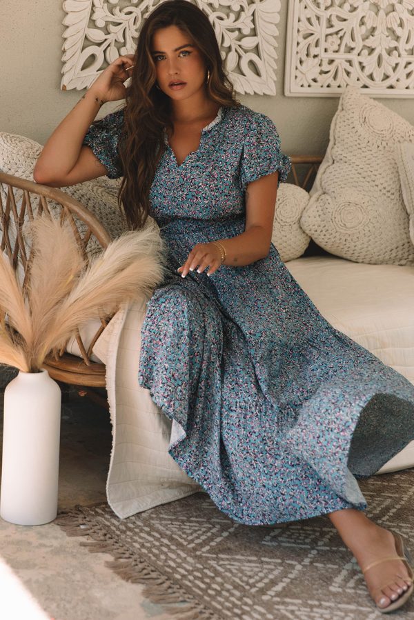 Blue Printed V Neck Shirred Short Puff Sleeve Maxi Dress - Image 4