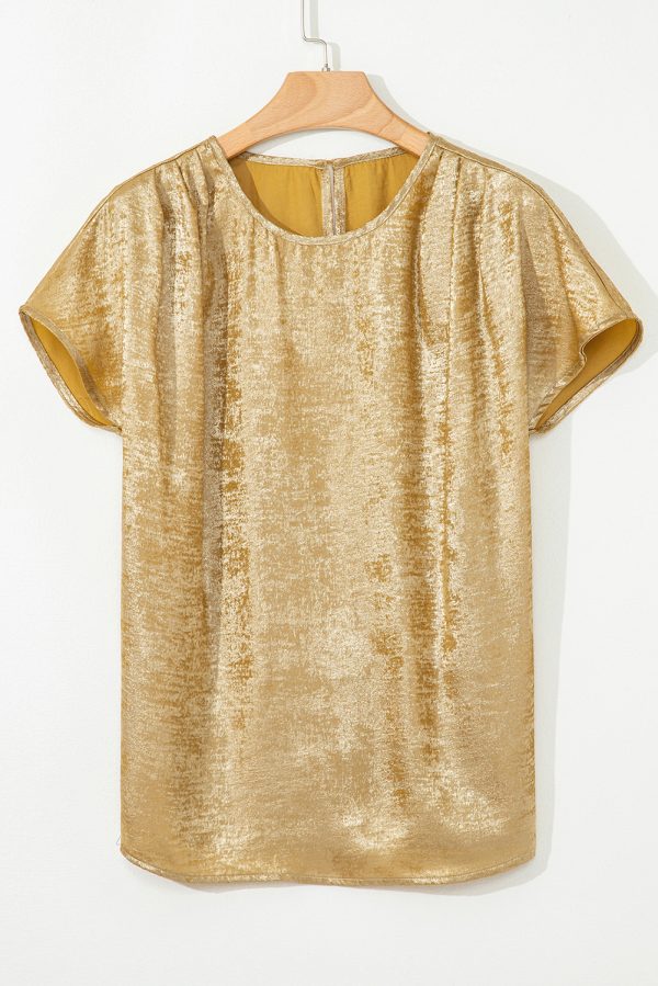 Gold Glossy Round Neck Pleated Detail Short Sleeve Blouse - Image 5