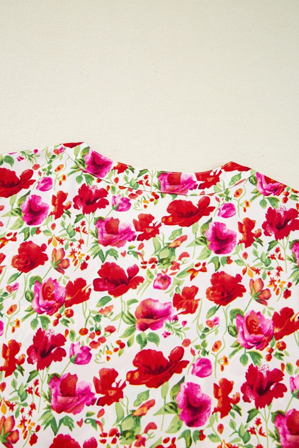 Red Floral Puff Sleeve Tiered Ric Rac Pocketed Mini Dress - Image 6