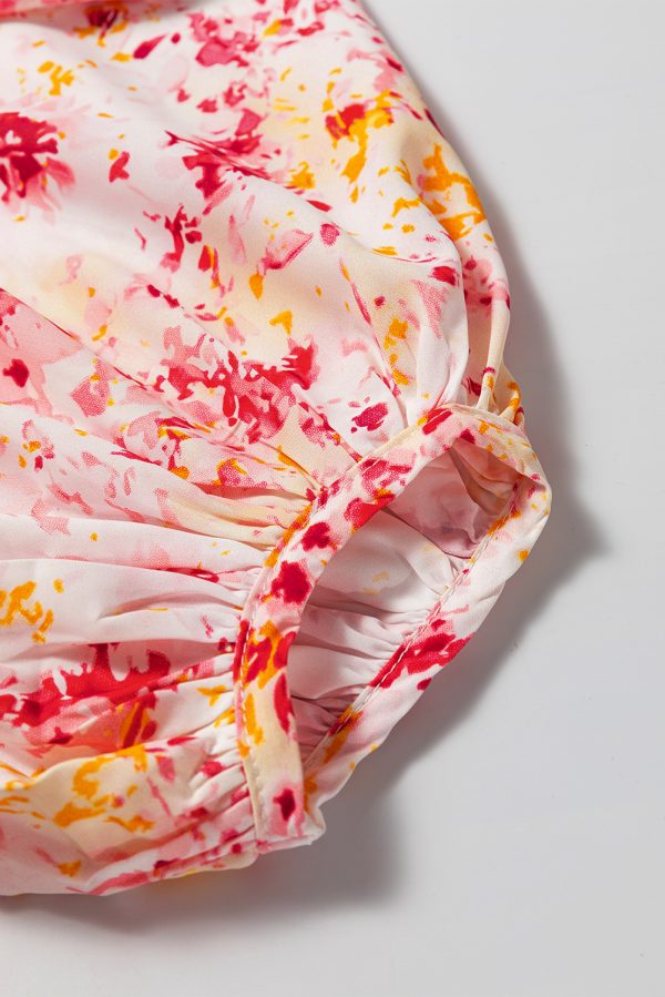 Pink Ditsy Floral Bubble Sleeve V Neck Blouse - Image 5