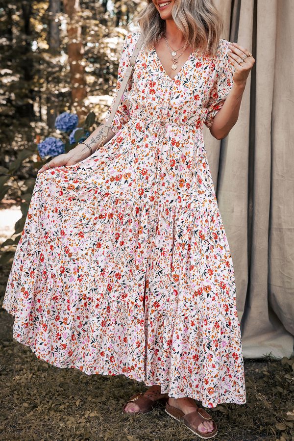 Red Boho Half Sleeve Floral V Neck Maxi Dress - Image 2