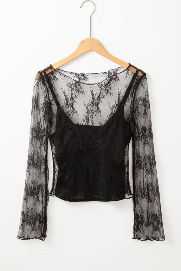 Black Lace Mesh Crochet Splicing Slim Fit Long Sleeve Blouse - Image 4
