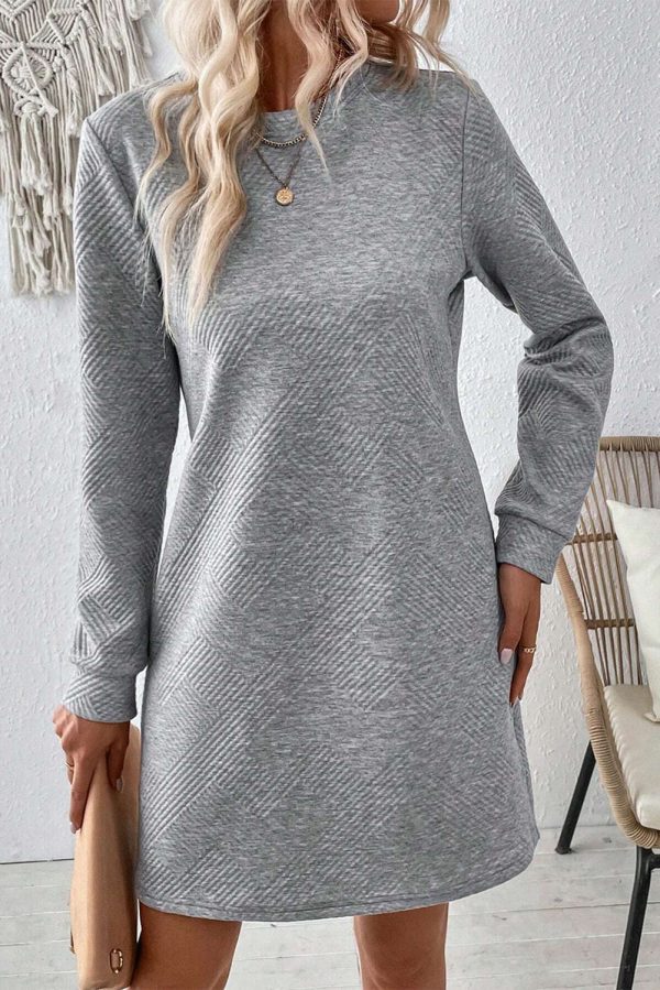 Gray Solid Color Textured Long Sleeve Shift Dress - Image 3