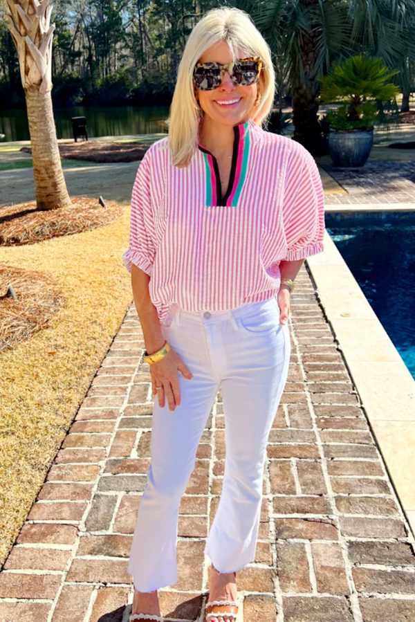 Sachet Pink Striped Print Contrast Split Neck Dolman Sleeve Blouse - Image 3